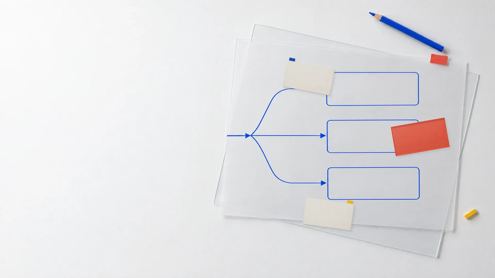 A photographic studio composition of requirements pieces being organised on a transparent process map.